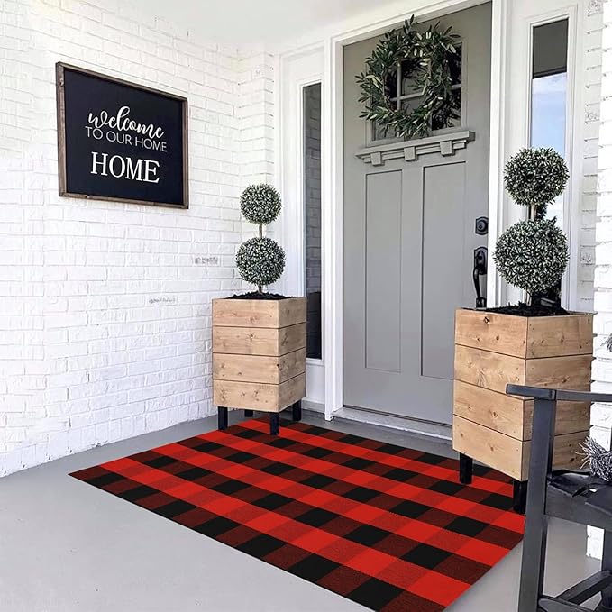 MUBIN Cotton Black and Red Plaid Rug, 3'x5' Outdoor Front Door Decor Mat, Hand-Woven Reversible Foldable Rug for Layered Door Mats Washable Carpet for Front Porch, Entryway, Farmhouse