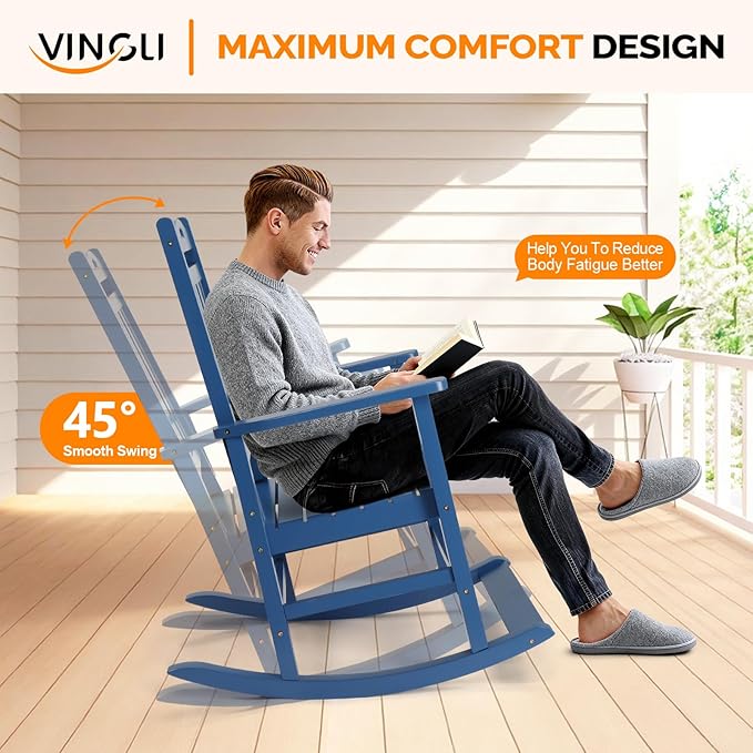 VINGLI Outdoor Rocking Chair with Footrest, Wooden Rocking Chair with 450 LBS Weight Capacity, Patio Rocker with Comfortable Backrest for Garden, Yard (Navy Blue, 2PCS)