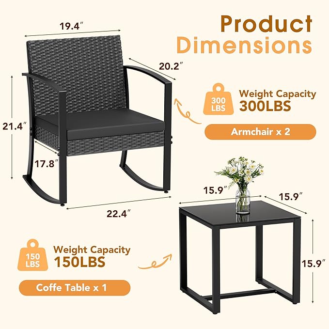 Greesum 3 Pieces Outdoor Furniture Set Patio Bistro Rocking Chairs with Glass Coffee Table for Pool Beach Backyard Balcony Porch Deck Garden, Black