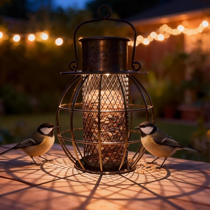 Metal Bird Feeder for Outdoors Hanging,Squirrel Proof Bird Feeder for Wild Birds,Solar Lantern Feeder for Small Birds, Garden Decor for Outside,Unique Gifts for Mom, Grandma (Bronze)
