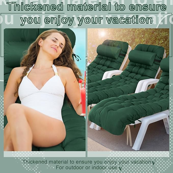 Tudomro 2 Pcs Dark Green 66'' Outdoor Chaise Lounge Cushion Waterproof Patio Lawn Pool Chaise Lounge Cushion with Headrest Pillow & Ties Weather Fade Resistant Replacement Longue Chair Pad