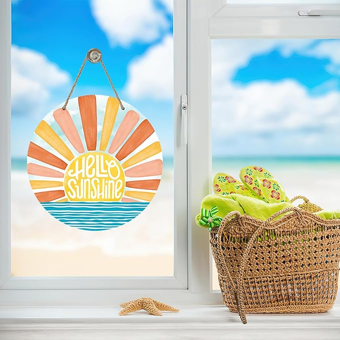 Hello Sunshine Sun Summer Front Door Sign, Spring Boho Sunset Over The Sea Wood Door Hanger Outdoor Outside Porch Decor, Bohemian Ocean Wooden Wreath Indoor Wall Hanging Decoration