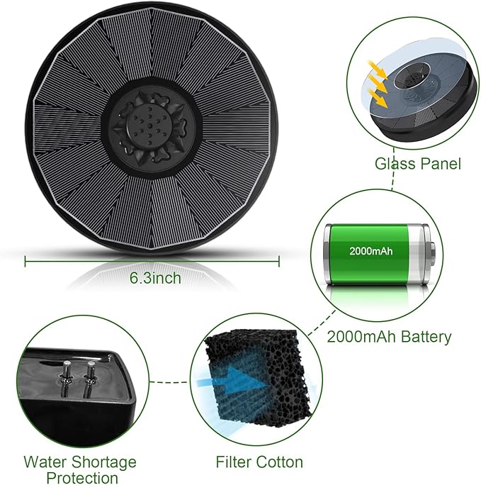 Yzert Solar Fountain with 2000 mAh Battery Backup Works in Cloudy, Glass Solar Powered Bird Bath Fountains with 7 Nozzles, 3.5 W Solar Fountain Pump for Birdbath,Garden, Outdoor, Pond (Black)