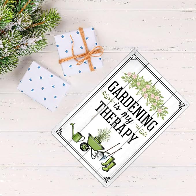 Funnysign Vintage Gardening Tin Sign – “Gardening Is My Therapy” – Floral Farmhouse Wall Art, Rustic Garden Metal Decor, Perfect for Patio, Porch, Greenhouse, or Indoor Home Display, 8×12 Inch (9820)