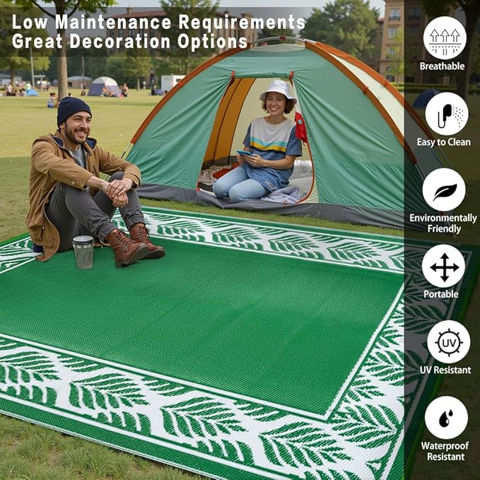 HUGEAR 8x10 Patio Waterproof Outdoor Rug Outrside Camping Carpet RV Area Rug Reversible Green Rugs for Deck Entryance Porch Picnic Balcony Beach
