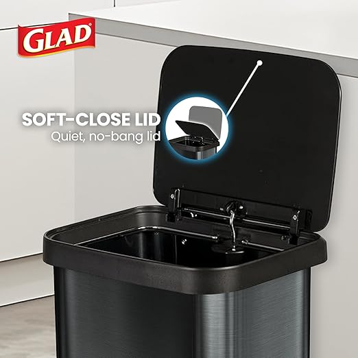 Glad 13-Gallon Stainless Steel Step Trash Can with Clorox Odor Protection, Soft Close Lid, Foot Pedal & Waste Bag Holder – Large Indoor Metal Garbage Bin for Kitchen, Home & Office Use