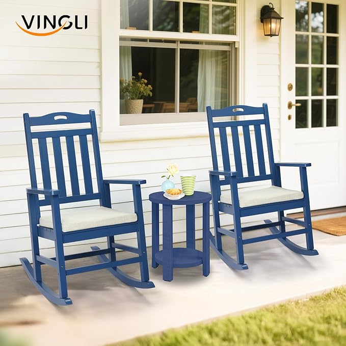 VINGLI Outdoor Rocking Chair, Heavy Duty 450 lbs Poplar Wooden Rocking Chair with High Backrest Design, Come with a Cushion, All-Weather Lounge Rocker Support for Garden, Deck (Navy Blue)