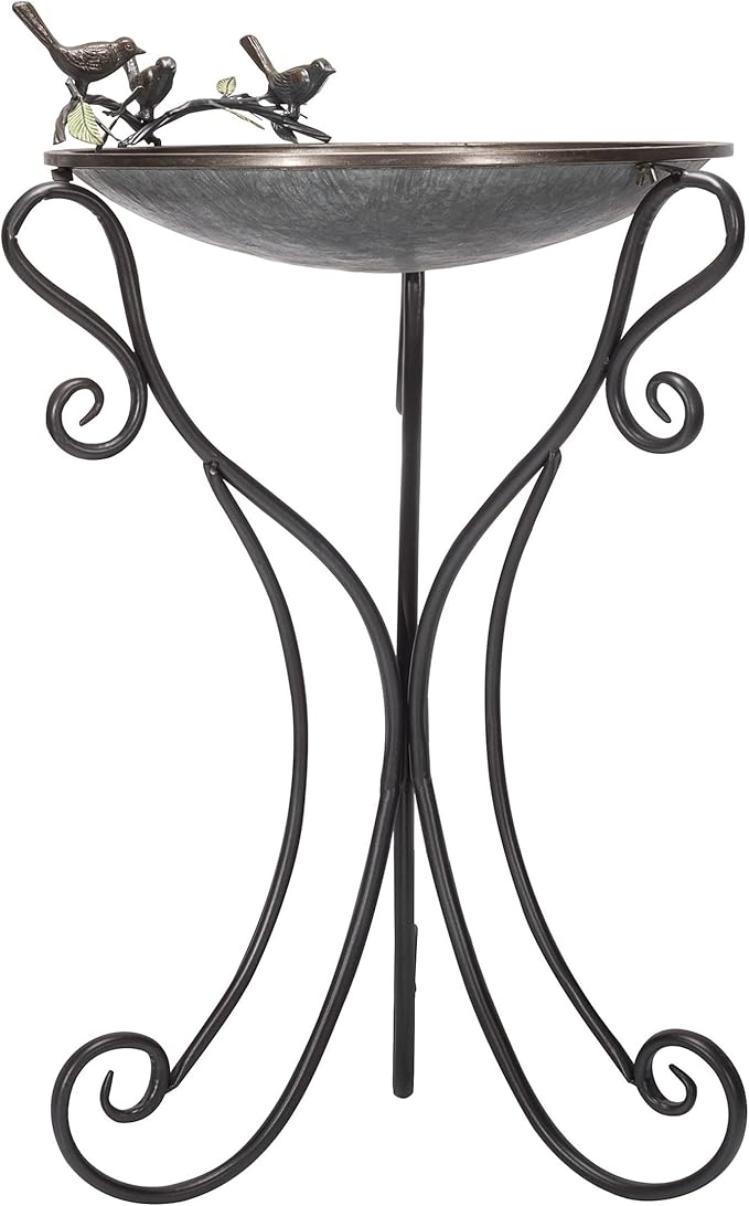 Alpine Corporation Vintage Metal Birdbath with Twigs and Bird Figurines - Iron Outdoor Decor for Garden, Patio, Deck, Porch