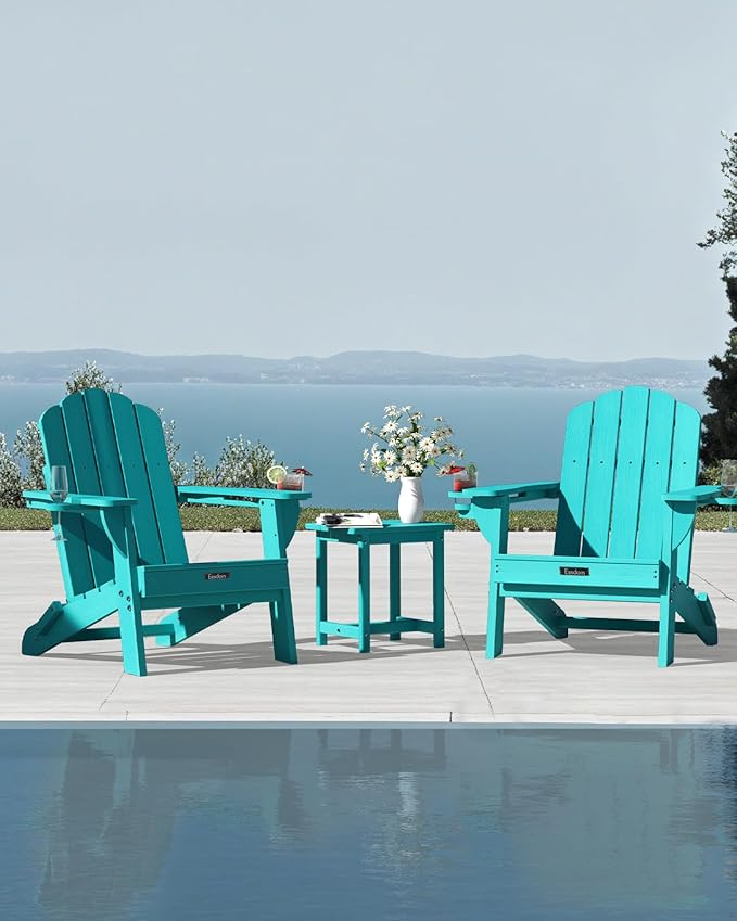 Adirondack Chairs Set of 2, HDPE Material Fire Pit Chairs, Plastic Adirondack Chairs with 2 Cup Holder, Outdoor Lawn Chair for Patio Garden，Lake Blue