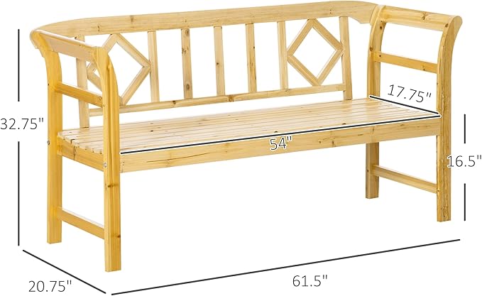 Outsunny Wooden Patio Bench, Outdoor Garden Bench with Backrest and Armrests, 3 Person Porch Bench with Rustic Country Diamond Pattern, Natural