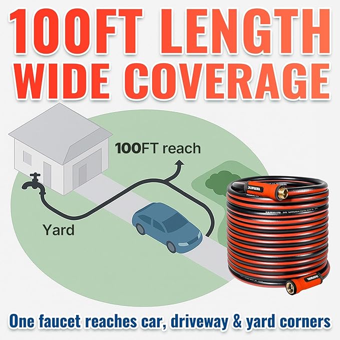 YAMATIC 100FT 5/8" Garden Hose, 300 PSI Kink-Resistant Water Hose with 360° Swivel Connector & 3/4" Brass GHT Fittings, Flexible All-Weather Outdoor Hose for Yard, Lawn, Garden & Driveway