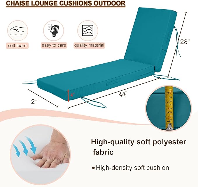 Outdoor Chaise Lounge Cushions, 4 Inch Thick Waterproof Fade Resistant Patio Furniture Lounger Chair Cushion Pad for Pool (1, Turquoise, 72'' L x 21'' W x 4" T)