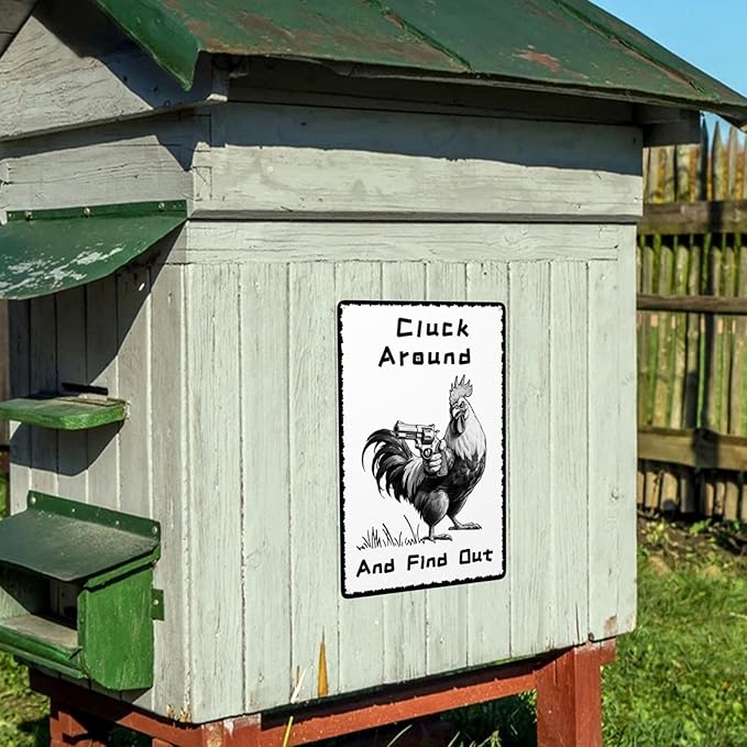 Chicken Cluck Around and Find Out Vintage Metal Tin Sign Retro Rustproof Funny Art Wall Decor Gift for Home Farm Chicken Coop Farmhouse Kicthen Garden 8x12 Inch