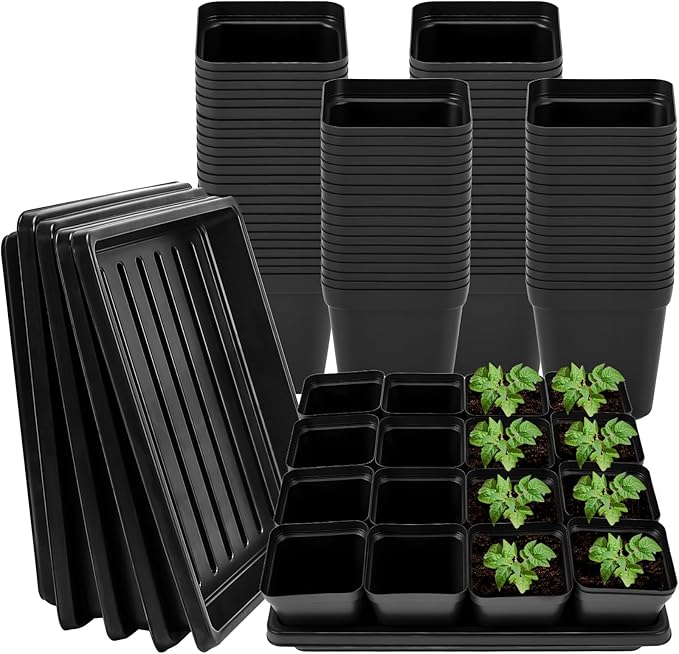 NNG 2.6 inch 100 Pcs Black Square Nursery Pots with 5 Pcs Plastic Seed Starting Trays,Plant Propagation Starter Kit Square Seed Starting Pots with Drain Holes