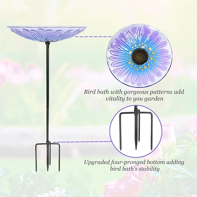 Bird Baths for Outdoors, Glass Birdbaths Outdoor Garden Birdfeeder with Metal Stake for Lawn Yard Decor, 24 Inch Height, Purple
