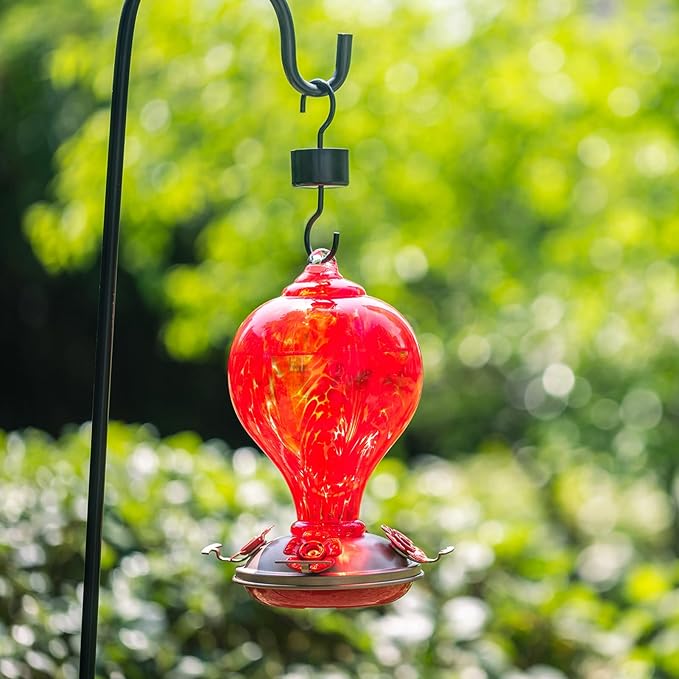 2 Packs Hummingbird Feeder for Outdoors Hanging Ant and Bee Proof, 32OZ Hand Blown Glass Hummingbird Feeders for Outside, Christmas Decoration Gifts for Mom (Teal & Red)