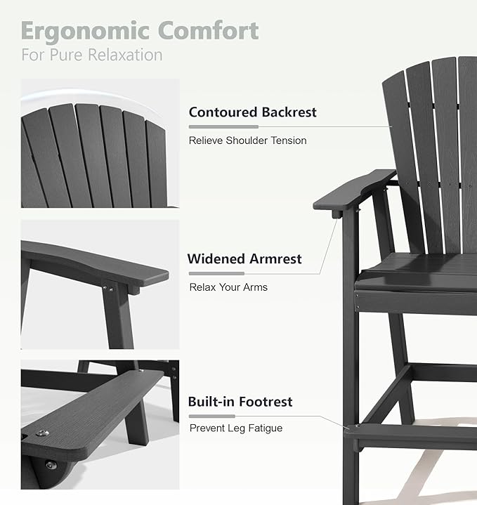 PASAMIC Tall Adirondack Chairs Set of 4, All-Weather HDPE Patio Chairs with Double Connecting Trays, Bar Height Heavy-Duty Outdoor Chairs for Garden, Backyard, Balcony, Dark Gray