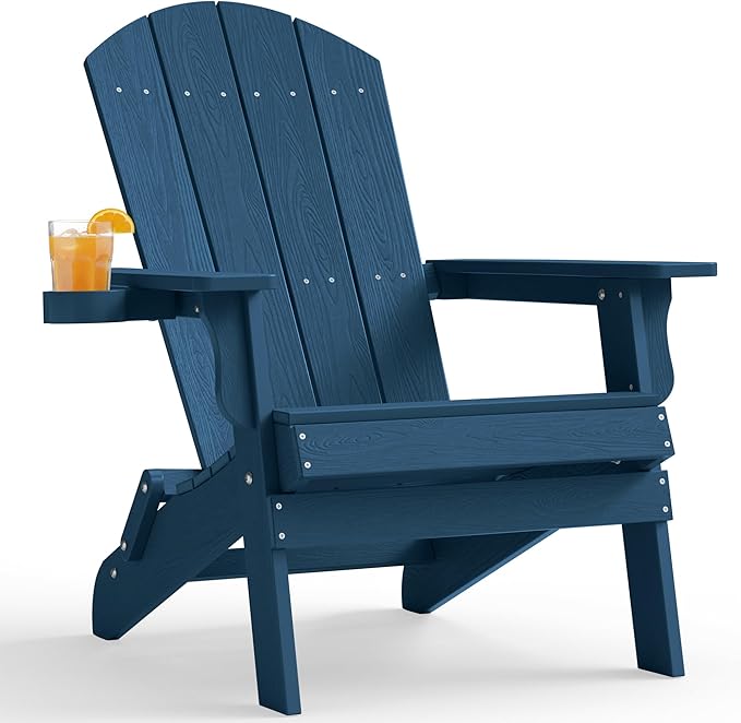 YEFU Adirondack Chair, Oversized Plastic Adirondack Chair Folding Outdoor Chairs with Cup Holder, Lawn Chair with Weather Resistant for Outside Deck Lawn Garden, Weight Capacity Up to 400 Lbs –Navy
