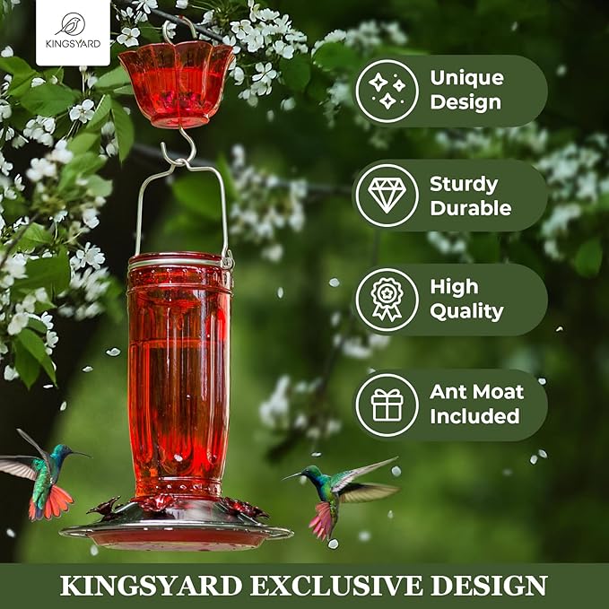 Kingsyard Glass Hummingbird Feeder for Outdoors Wild Bird Feeder with 6 Feeding Ports Hanging for Garden Yard, Red (Ant Moat Included)
