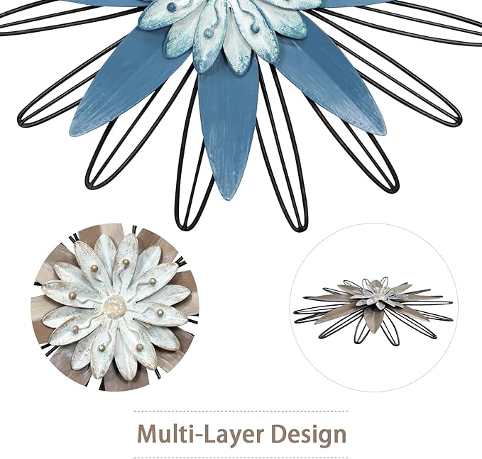 LIFFY Metal Flowers Wall Arts, 2 Pieces 3D Minimalist Flower Wall Decor for Living Room, Bedroom, Sunroom and Outdoor Spaces, Housewarming Gifts(11", blue&khaki)