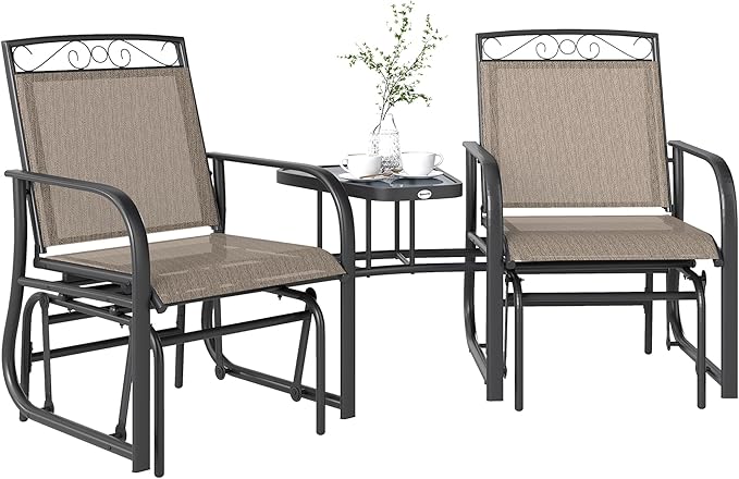 Outsunny Outdoor Glider Chairs with Coffee Table, Patio 2-Seat Rocking Chair Swing with Breathable Sling for Backyard, Garden and Porch, Brown