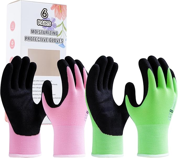 HandLove 6 Pairs Gardening Gloves for Women-Moisturizing Durable Work Gloves.Latex-free Sandy Nitrile Coated for Yard Garden,Touchscreen Friendly Protective Work with Grip, Large,Pink&Green