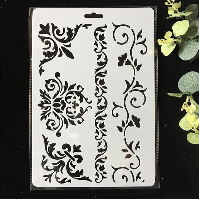 TIAMECH A4 Reusable Floral Edge Line Stencil for Painting - Palace Flower Layering Template, DIY Wall Art, Wood Furniture, Scrapbook & Crafts (8.3x11.7inch)