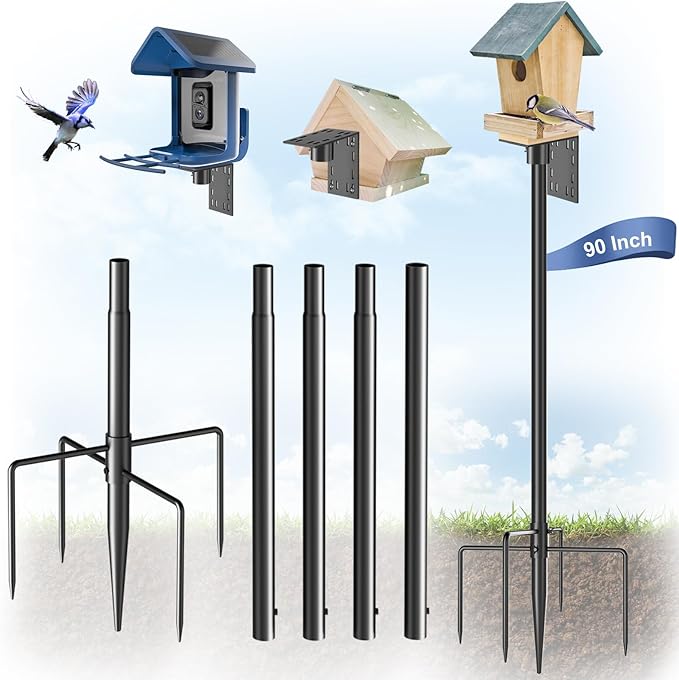 Bird Feeder Pole - 90 Inch Slip-Fit Structure for Anti-Wobble Stability, 1-Inch Steel Station with Universal Mounting Platform & 5-Prong Base for Feeders, Bird House, Outdoor