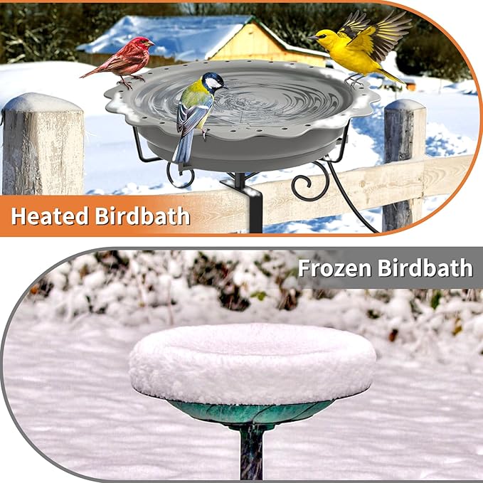 Heated Bird Bath for Deck Railing, Powerful 100W Thermostatically Controlled Heated Bird Baths for Outdoors for Winter, Heated Birdbath Water Heater for Outside Garden Yard Patio Lawn (Grey)