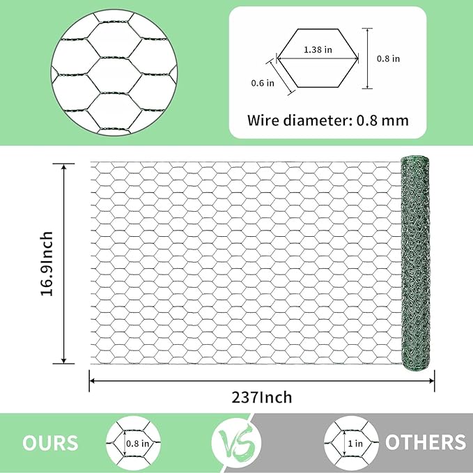 Chicken Wire 16.9 in x 237 in Poultry Wire Netting Hexagonal Galvanized Mesh Garden Fence Barrier for Pet Rabbit Chicken Fencing(PVC-Coated)