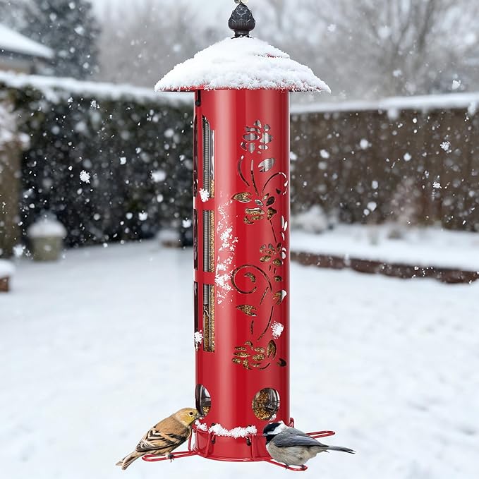 Veehoo Squirrel Proof Bird Feeder for Outdoors, Hanging Wild Bird Feeder Anti Squirrel with Weight-Activated Perches, Metal Cardinal Finch Feeder Outside Decorative for Thistle and Mixed Seed, Red