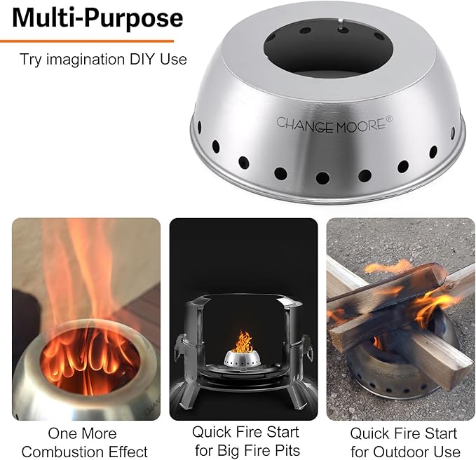 CHANGE MOORE 7'' Second Burning Smokeless Tabletop Fire Pit Cap Kit, Fire Start for Big Fire Pit or Outdooor Use, Compatible with Solo Stove Mesa XL, 201 Stainless Cap + Rack for 7'' Stove