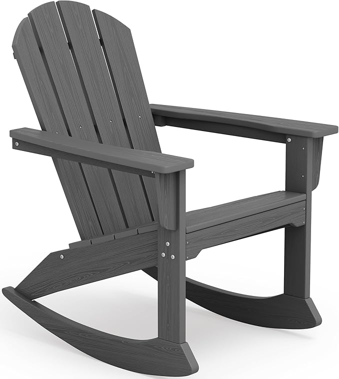 SERWALL Outdoor Adirondack Rocking Chair, All-Weather HDPE Porch Rocker Chair, Patio Adirondack Rocker Chair for Lawn Porch Deck, Grey