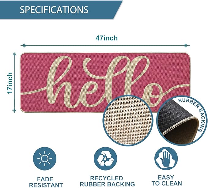 Artoid Mode Pink Hello Valentine's Day Doormat, Spring Summer Home Decor Low-Profile Switch Rug Door Mat Floor Mat for Indoor Outdoor 17x47 Inch