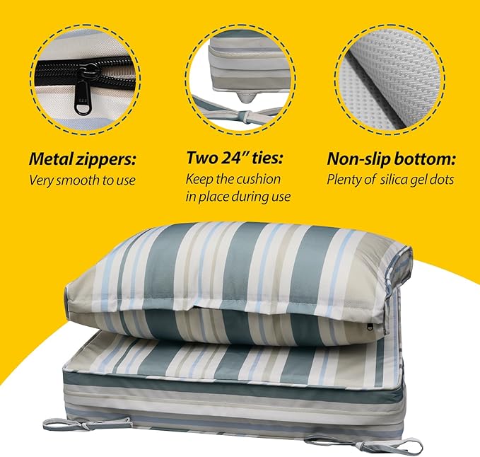 AAAAAcessories Outdoor Seat Cushions for Chairs, Fade-Resistant, Waterproof Patio Furniture Replacement Cushions, 25.5" x 25.5" x 5" + 25.5" x 13.5", Set of 4, Slate Gray Blue Coastal Stripe