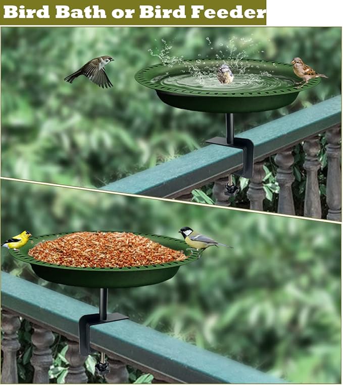 Garbuildman Deck Mounted Bird Bath Bowl Spa Birdfeeder & Adjustable Unheated Birdbath with Heavy Duty Clamp for Outdoor Garden, Oval Style, Green