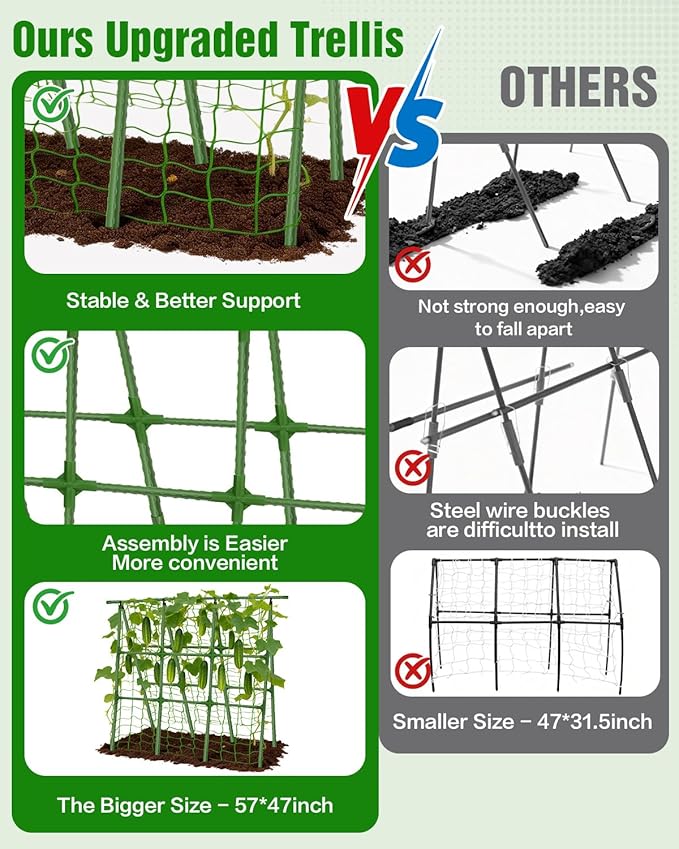 Joyhalo A-Frame Cucumber Trellis for Raised Beds, 47" Hx 57" L Adjustable Size, Garden Trellis for Climbing Plant Outdoors with Climbing Net and Plant Support Clip for Vegetable Vine Pea Bean Tomato