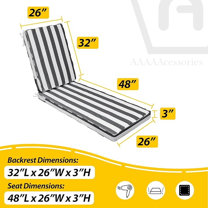 AAAAAcessories Outdoor Chaise Lounge Cushions, Fade-Resistant, Waterproof Patio Furniture Replacement Cushions, 80" x 26" x 3", Set of 2, Gray Cabana Stripe