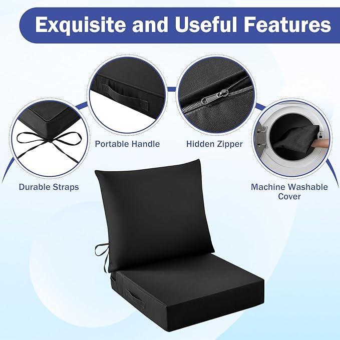 Outdoor Seat Cushion Set, Waterproof & Fade Resistant Patio Chair Cushions, Outdoors Cushion for Patio Furniture, 24 x 24 x 5.75 Inch, Outdoor Couch Cushions with Handle and Ties, Black