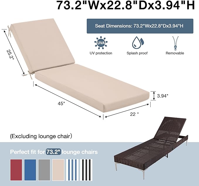 HOMREST 73.2x22.8x3.94 inches Otdoor Lounge Chair Cushion Set of 2,Pool Chaise Lounge Cushion with Splash Fade Tear Resistant Fabric,Beige