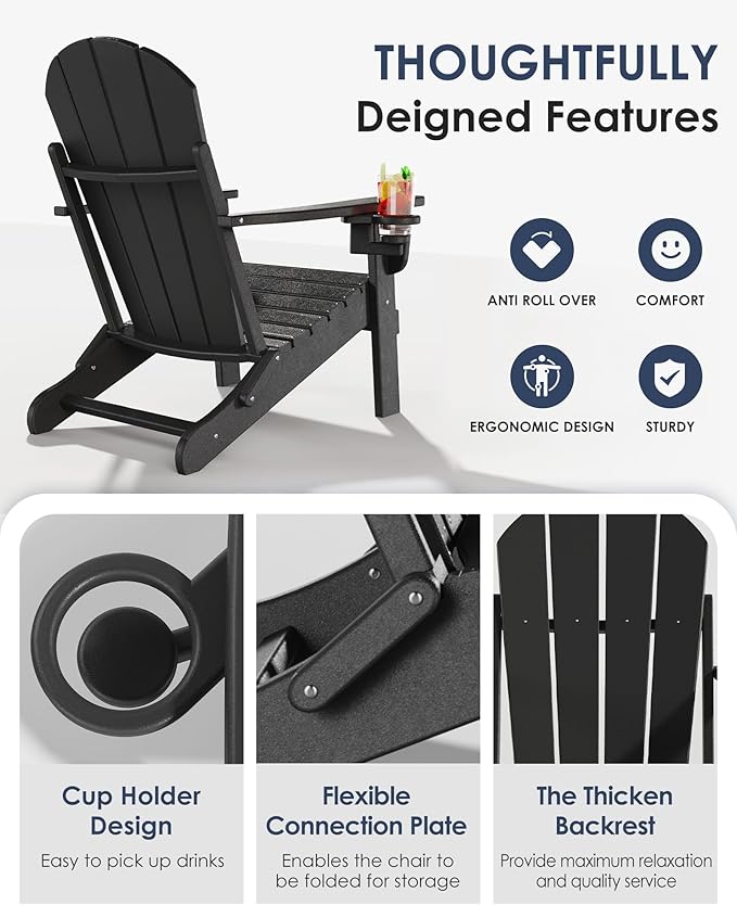 Folding Adirondack Chair Set of 6, All-Weather Resistant HDPE Patio Firepit Seats, Sturdy Outside Seating With Cup Holder, 80% Pre-Installed, Load Capacity 385lb, Black