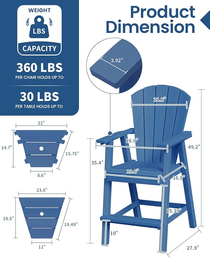 Ciokea Tall Adirondack Chairs Set of 4, HDPE Outdoor Adirondack Bar Stools with Double Connecting Tray, Weather Resistant High Back Adirondack Balcony Chairs for Deck, Lawn, Pool, Backyard, Navy Blue