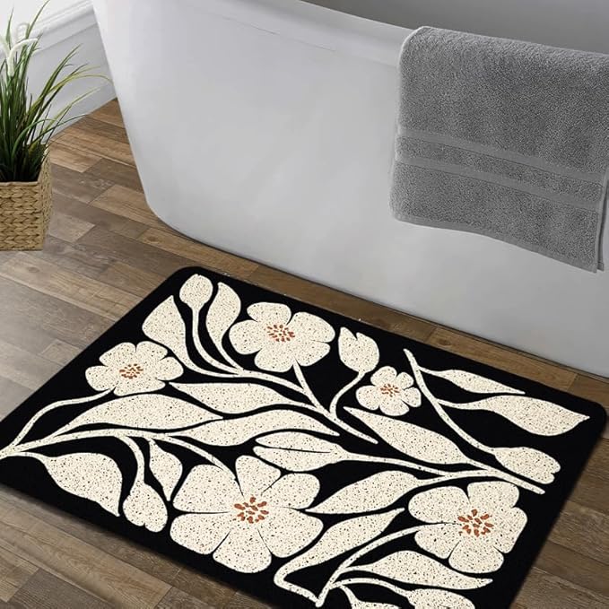 Boho Beige and Black Floral Door Mat - Bohemian Neutral Floral Front Door Welcome Mats Outdoor Entrance, 17x30 Rug