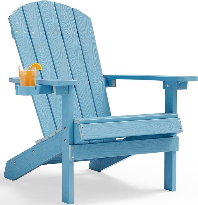 YEFU Adirondack Chair Weather Resistant: Outdoor Chair HIPS Plastic Adirondack Chairs - Patio Chairs with Cup Holder & Wood Texture - Lawn Fire Pit Deck Porch Garden Chairs for Adults (Blue)