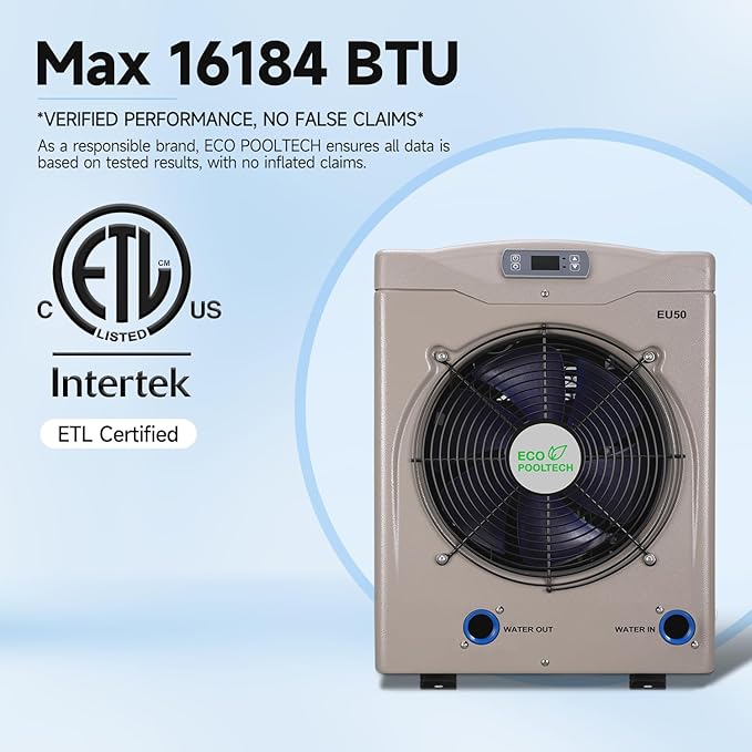 Above Ground Pool Heater EU50, Max 16184BTU Up to 5000gallons Electric Swimming Pool Heat Pumps, Titanium Heat Exchanger, 5.62 COP, 110V/120V, Fits 8/11/15 Foot Pools Heating Pool Warmer