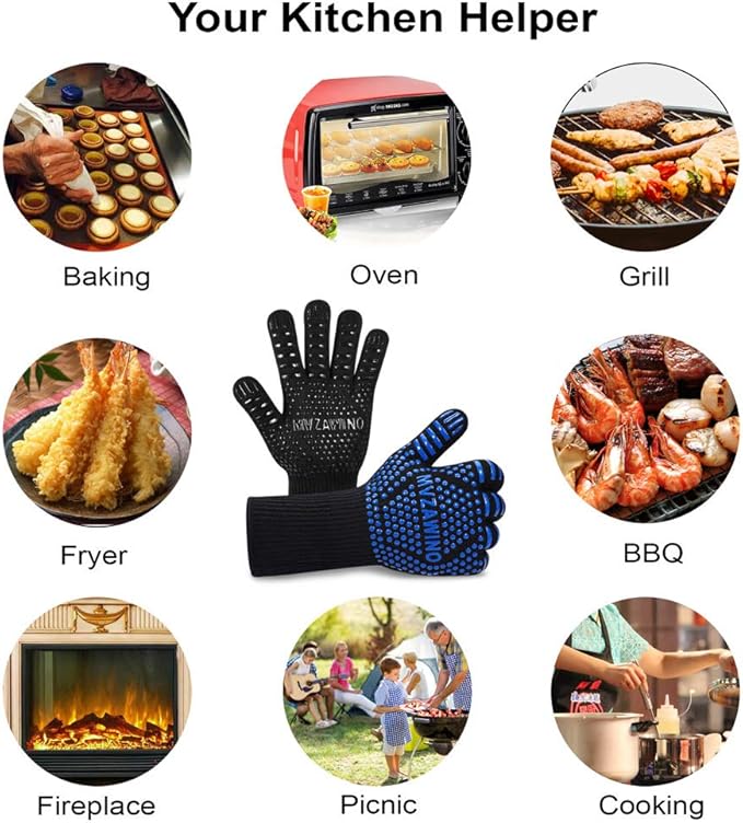 Premium BBQ Gloves, 1472°F Extreme Heat Resistant Oven Gloves, Grilling Gloves with Durable Fireproof Kitchen Oven Mitts Designed for Cooking, Grill, Frying, Baking, Barbecue (Blue+Black)