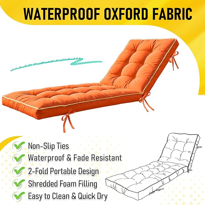2 Pack 72x21 Inch Folding Chaise Lounge Cushion Quick Dry - Outdoor Sun Lounger Seat Pad with Shredded Foam for Patio Furniture, Deck Chairs, Poolside (SUNSET TANGERINE, 72 INCH × 21 INCH-2 PACK)