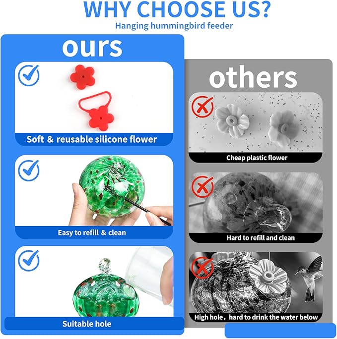 Small Hummingbird Feeders for Outdoors Hanging,Hand-Blown Glass Hummingbird Feeder with Silicone Feeding Perch,Never Leak,Gardening Gifts for Woman Man(Green)
