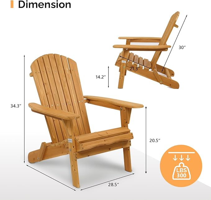 VINGLI Folding Adirondack Chairs Set of 6, Wood Adirondack Chair for Outdoor, Foldable Fire Pit Chairs for Patio, BBQ, Porch, Yard, Pool