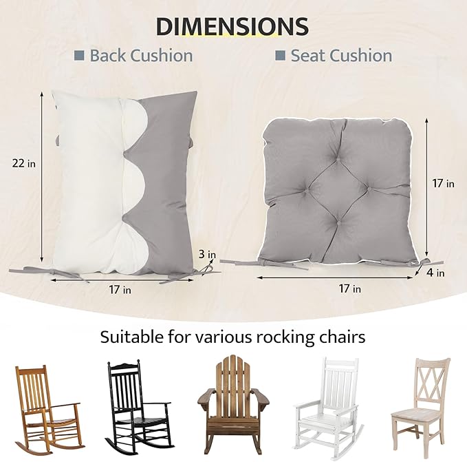 mudilun Outdoor Adirondack Chair Cushion High Weather Resistant Tufted Waterproof Rocking Chair Cushions Anti-Slip Thickened High Back Patio Seat Pads (Outdoor-Gray-White)